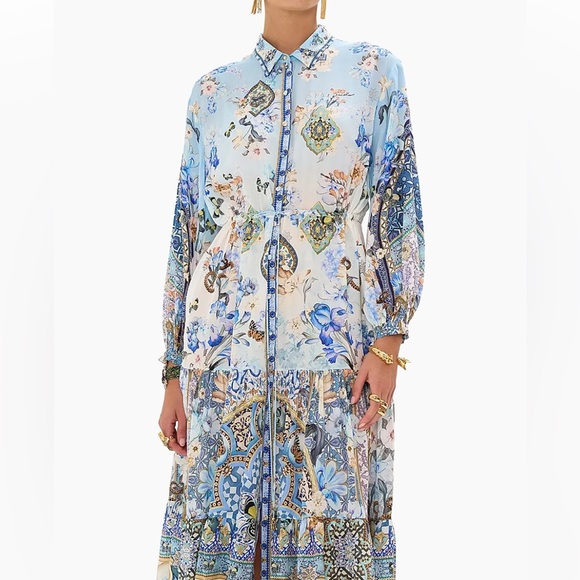 NWT Camilla Floral Silk Tiered Midi Shirtdress Size XS crystals blue - Picture 6 of 15